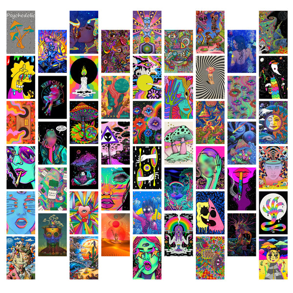 8TEHEVIN 50PCS Hippie Trippy Drippy Aesthetic Wall Collage Kit, Wall Art Collage Kit, Aesthetic Posters for Dorm Wall Decor, Wall Art Print for VSCO Girls, Aesthetic Photo, Bedroom Decor for Teen Girl